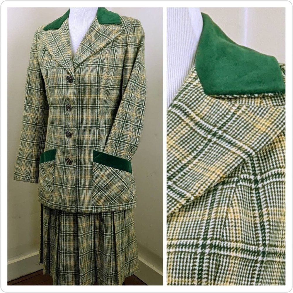 Vtg 60s Green Yellow Scottish Plaid Wool Blazer Skirt Suit Set Velvet Collar